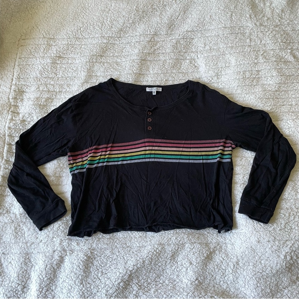 Messy Bun Just Chillin’ Black Long Sleeve Rainbow Stripe Boxy Oversized Crop Top
